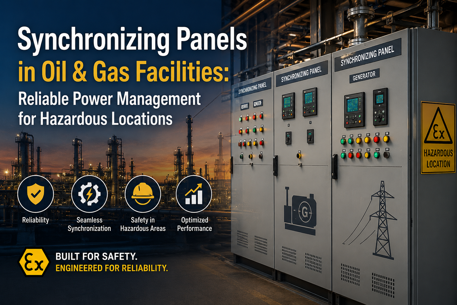 Industrial synchronizing panels installed in an oil and gas facility for safe generator synchronization, load sharing, and reliable power management in hazardous environments.