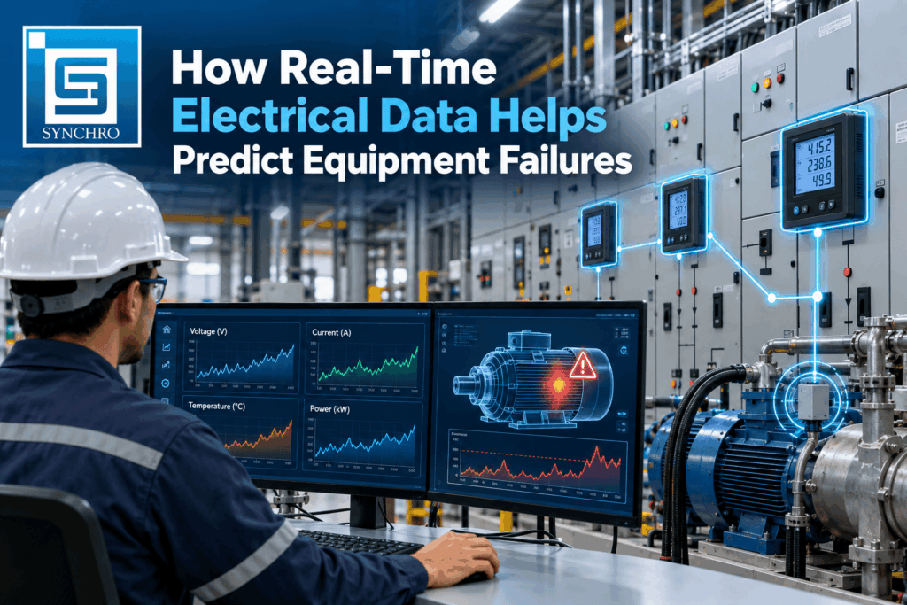 Engineer reviewing real-time motor current and voltage trends from an industrial MCC panel