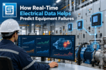 Engineer reviewing real-time motor current and voltage trends from an industrial MCC panel